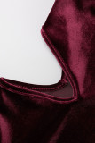Burgundy Sexy Solid Hollowed Out Patchwork Oblique Collar One Step Skirt Dresses