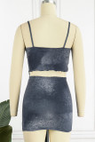 Blue Sexy Solid Patchwork Asymmetrical Stringy Selvedge Spaghetti Strap Sleeveless Two Pieces