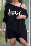 Black Gold Casual Print Asymmetrical Oblique Collar Long Sleeve Two Pieces