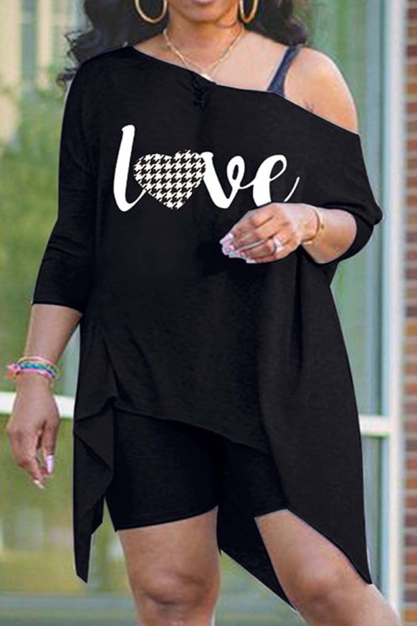 Black Casual Print Asymmetrical Oblique Collar Long Sleeve Two Pieces