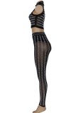 Color Blue Sexy Patchwork Hot Drilling See-through Turtleneck Sleeveless Two Pieces