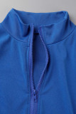 Blue Casual Solid Patchwork Zipper Short Sleeve Two Pieces
