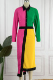 Rose Red Casual Solid Patchwork Buckle Turndown Collar Shirt Dress Dresses