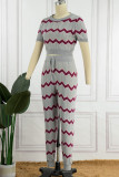 Pink Casual Patchwork O Neck Short Sleeve Two Pieces