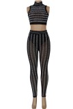 Color Blue Sexy Patchwork Hot Drilling See-through Turtleneck Sleeveless Two Pieces
