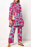 Pale Red Casual Print Patchwork Shirt Collar Long Sleeve Two Pieces