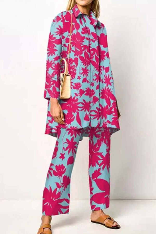Pale Red Casual Print Patchwork Shirt Collar Long Sleeve Two Pieces