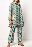Green Casual Print Patchwork Shirt Collar Long Sleeve Two Pieces