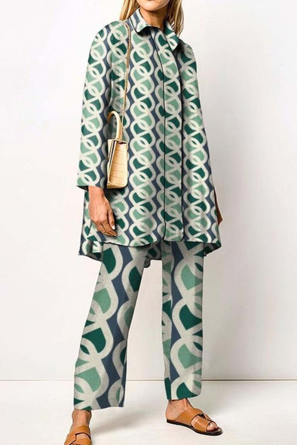 Green Casual Print Patchwork Shirt Collar Long Sleeve Two Pieces
