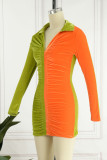 Orange Green Sexy Solid Patchwork Fold V Neck Pencil Skirt Dresses