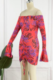 Red Sexy Print Patchwork Fold Off the Shoulder Pencil Skirt Dresses
