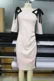 Pink Casual Solid Hollowed Out Patchwork O Neck Pencil Skirt Dresses