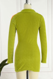 Orange Green Sexy Solid Patchwork Fold V Neck Pencil Skirt Dresses