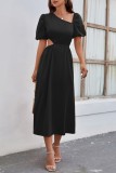 Orange Casual Solid Hollowed Out Oblique Collar Short Sleeve Dress Dresses