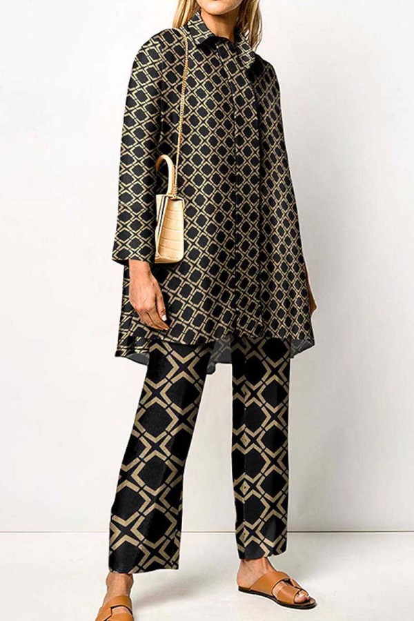 Black Casual Print Patchwork Shirt Collar Long Sleeve Two Pieces