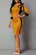 Yellow Casual Solid Hollowed Out Patchwork O Neck Pencil Skirt Dresses