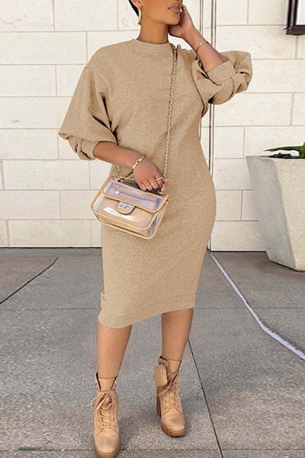 Khaki Casual Solid Basic O Neck Long Sleeve Dresses
