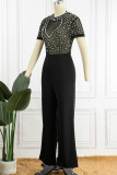 Black Sexy Elegant Solid Patchwork See-through Beading O Neck Regular Jumpsuits