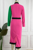 Rose Red Casual Solid Patchwork Buckle Turndown Collar Shirt Dress Dresses