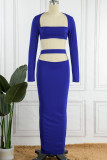 Colorful Blue Sexy Solid Hollowed Out Patchwork Square Collar Long Sleeve Two Pieces