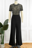 Black Sexy Elegant Solid Patchwork See-through Beading O Neck Regular Jumpsuits