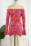 Red Sexy Print Patchwork Fold Off the Shoulder Pencil Skirt Dresses
