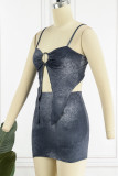 Blue Sexy Solid Patchwork Asymmetrical Stringy Selvedge Spaghetti Strap Sleeveless Two Pieces