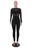 Black Sexy Solid Patchwork See-through Half A Turtleneck Skinny Jumpsuits