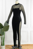 Black Sexy Solid Patchwork See-through Half A Turtleneck Skinny Jumpsuits