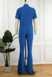 Blue Casual Solid Patchwork Zipper Short Sleeve Two Pieces