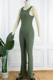 Olive Green Casual Solid Patchwork O Neck Skinny Jumpsuits