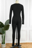 Black Casual Solid Patchwork O Neck Skinny Jumpsuits