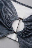 Blue Sexy Solid Patchwork Asymmetrical Stringy Selvedge Spaghetti Strap Sleeveless Two Pieces