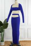 Colorful Blue Sexy Solid Hollowed Out Patchwork Square Collar Long Sleeve Two Pieces