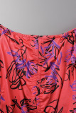 Red Sexy Print Patchwork Fold Off the Shoulder Pencil Skirt Dresses