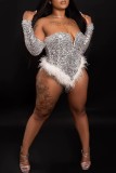 Silver Sexy Patchwork Sequins Feathers Backless Off the Shoulder Plus Size Romper