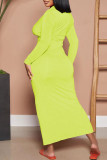 Yellow Casual Solid Patchwork Buckle Fold Turndown Collar Pencil Skirt Dresses