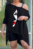 Black Gold Casual Print Asymmetrical Oblique Collar Long Sleeve Two Pieces