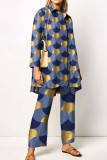 Pale Red Casual Print Patchwork Shirt Collar Long Sleeve Two Pieces
