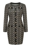 Apricot Casual Print Patchwork O Neck Long Sleeve Dresses