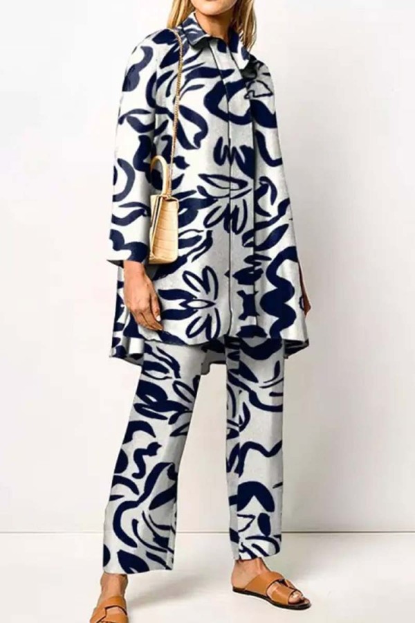 Tibetan Blue Casual Print Patchwork Shirt Collar Long Sleeve Two Pieces