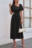 Orange Casual Solid Hollowed Out Oblique Collar Short Sleeve Dress Dresses