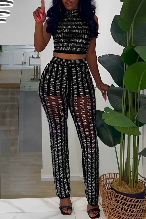 Black Sexy Patchwork Hot Drilling See-through Turtleneck Sleeveless Two Pieces