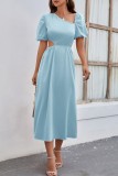 Orange Casual Solid Hollowed Out Oblique Collar Short Sleeve Dress Dresses
