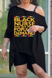 Black Gold Casual Print Asymmetrical Oblique Collar Long Sleeve Two Pieces