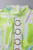 Green Sexy Print Hollowed Out Patchwork Metal Accessories Decoration Half A Turtleneck Skinny Rompers