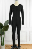 Black Casual Solid Patchwork O Neck Skinny Jumpsuits