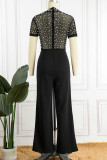 Black Sexy Elegant Solid Patchwork See-through Beading O Neck Regular Jumpsuits