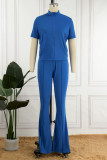 Blue Casual Solid Patchwork Zipper Short Sleeve Two Pieces