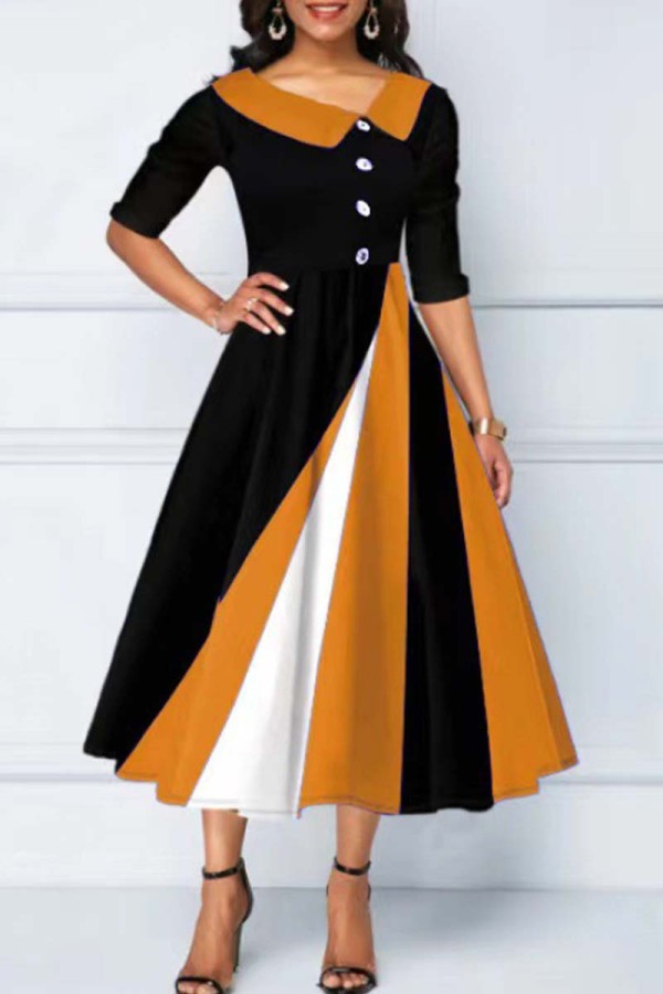 Ginger Casual Patchwork Contrast Oblique Collar A Line Dresses